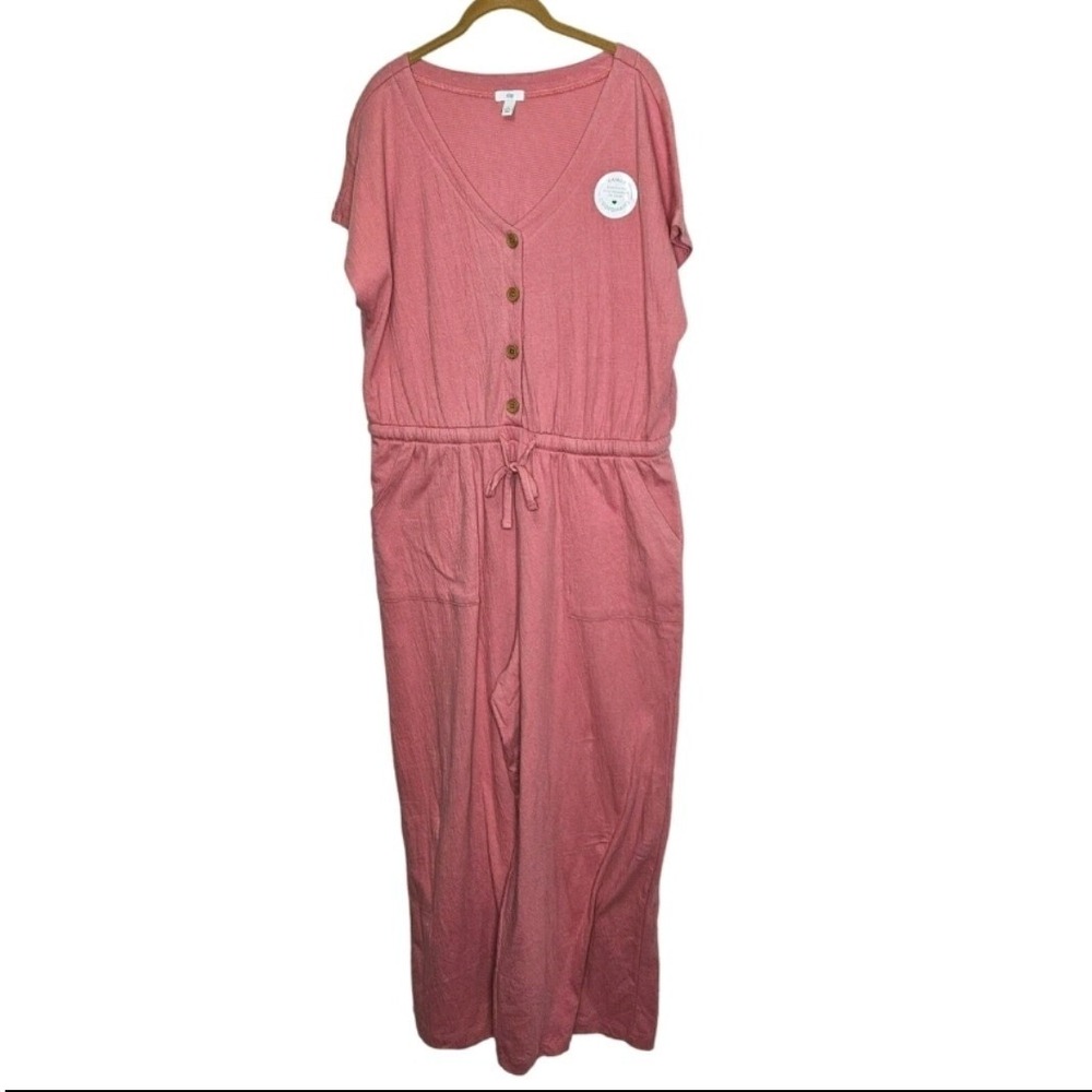 DIP Women's Plus Size 3X Pink Textured Button Front Drawstring Jumpsuit‎